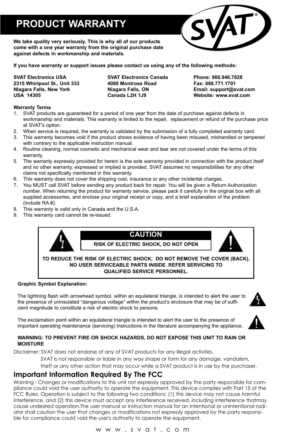 Product warranty, Caution, Important information required by the fcc | SVAT Electronics UC1301 User Manual | Page 8 / 9