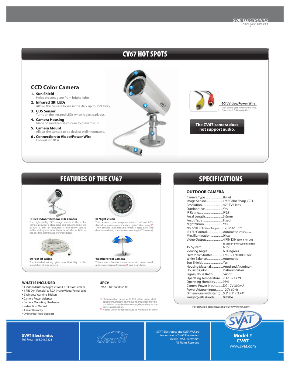 Hi-res security camera, Cv67 hot spots, Specifications features of the cv67 | Ccd color camera, Indoor/outdoor ccd color camera w/ night vision, Model # cv67 | SVAT Electronics CV67 User Manual | Page 2 / 2