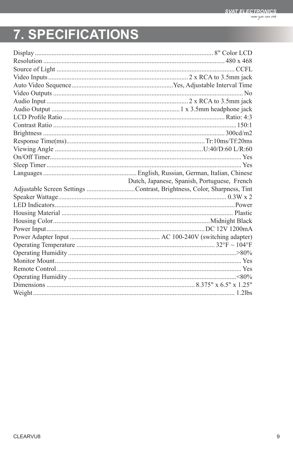 Specifications | SVAT Electronics Compact 8" LCD Screen CLEARVU8 User Manual | Page 12 / 16