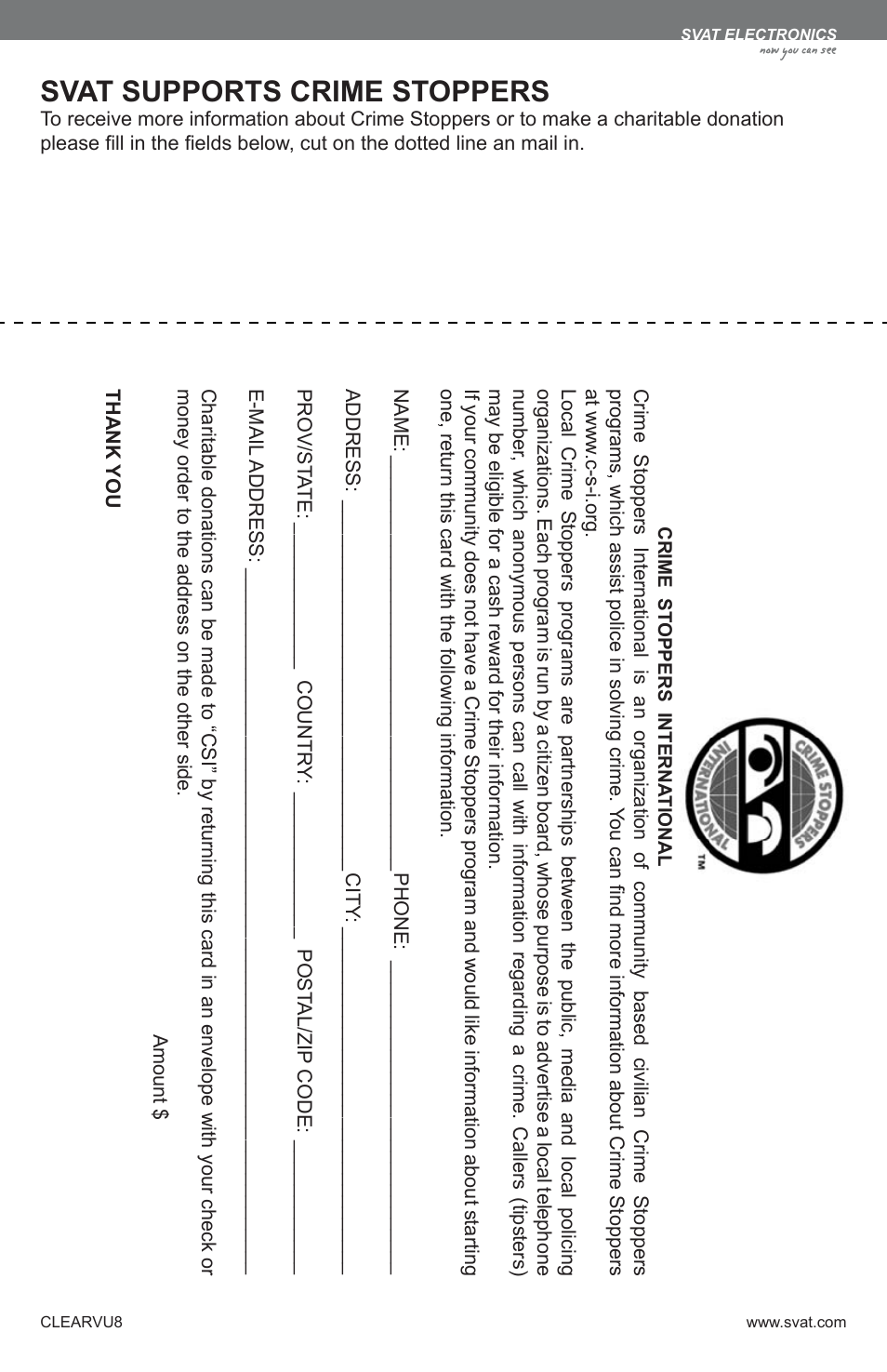 Svat supports crime stoppers | SVAT Electronics Compact 8" LCD Screen CLEARVU8 User Manual | Page 15 / 16