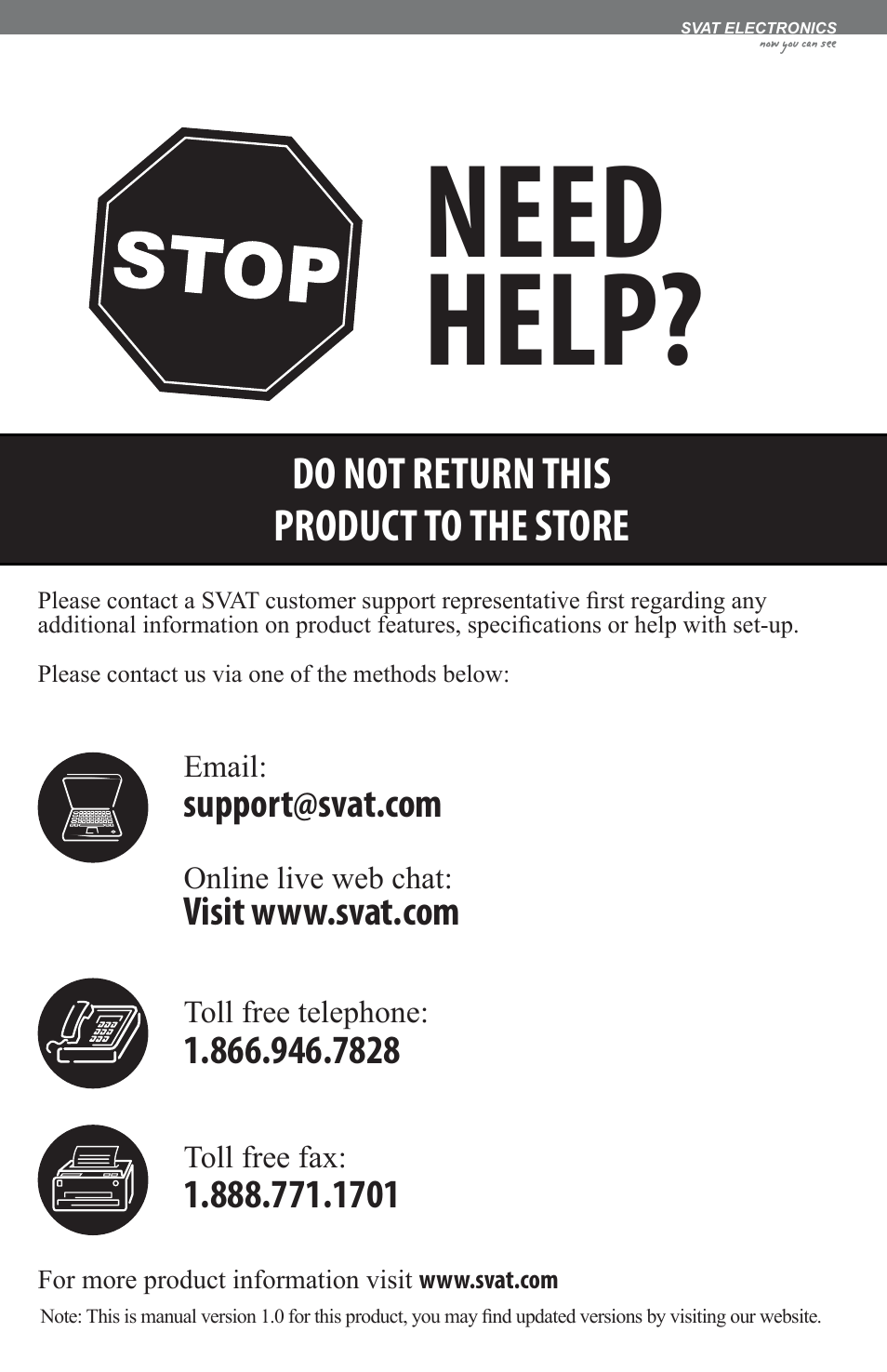 Need help, Do not return this product to the store | SVAT Electronics Compact 8" LCD Screen CLEARVU8 User Manual | Page 2 / 16