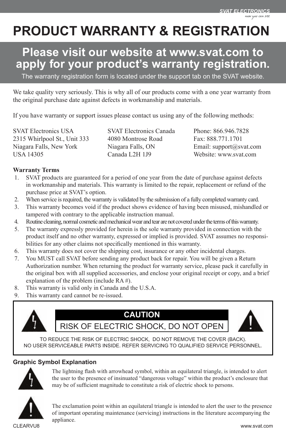 Product warranty & registration, Caution risk of electric shock, do not open | SVAT Electronics Compact 8" LCD Screen CLEARVU8 User Manual | Page 3 / 16