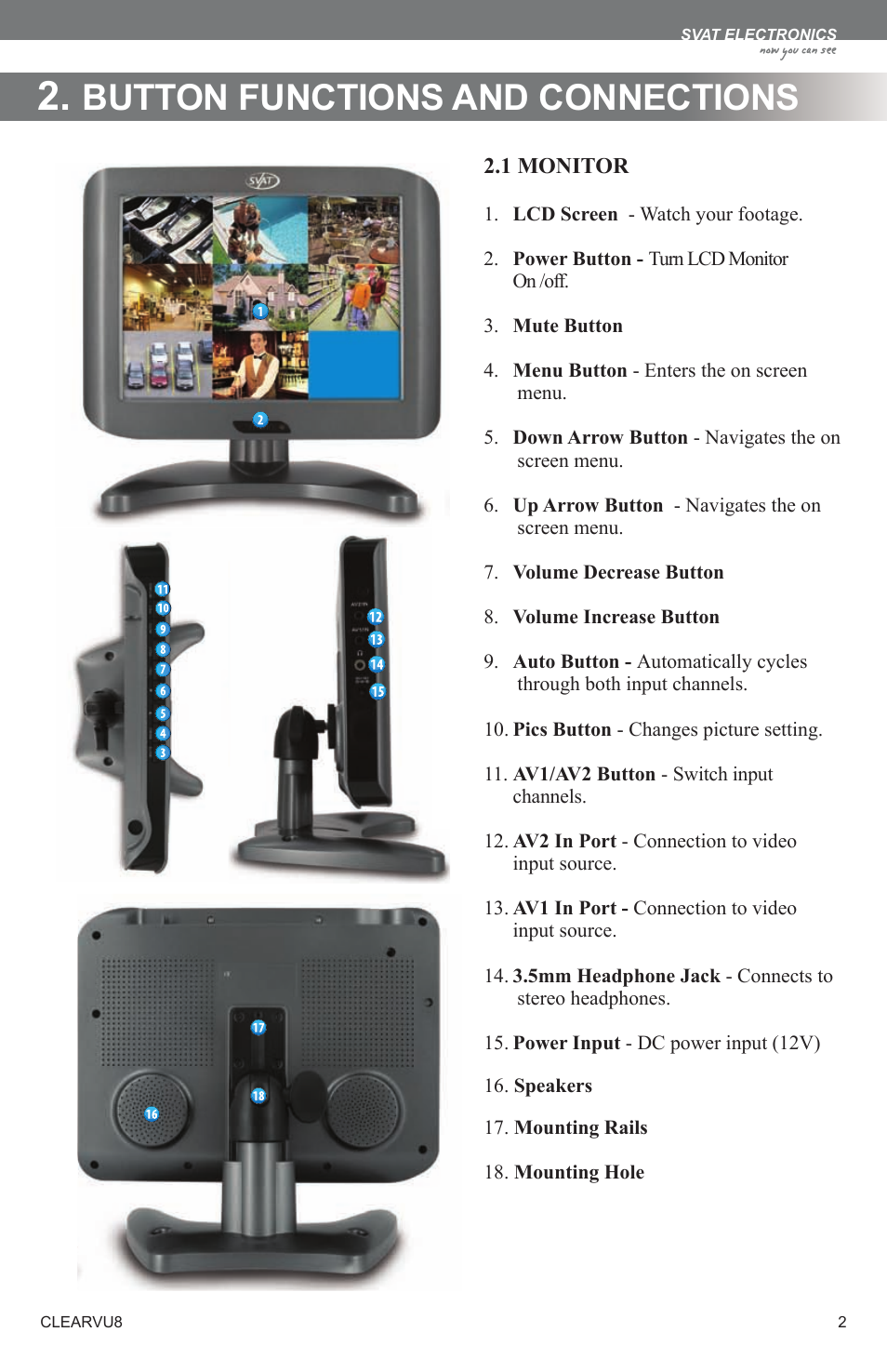 Button functions and connections | SVAT Electronics Compact 8" LCD Screen CLEARVU8 User Manual | Page 5 / 16