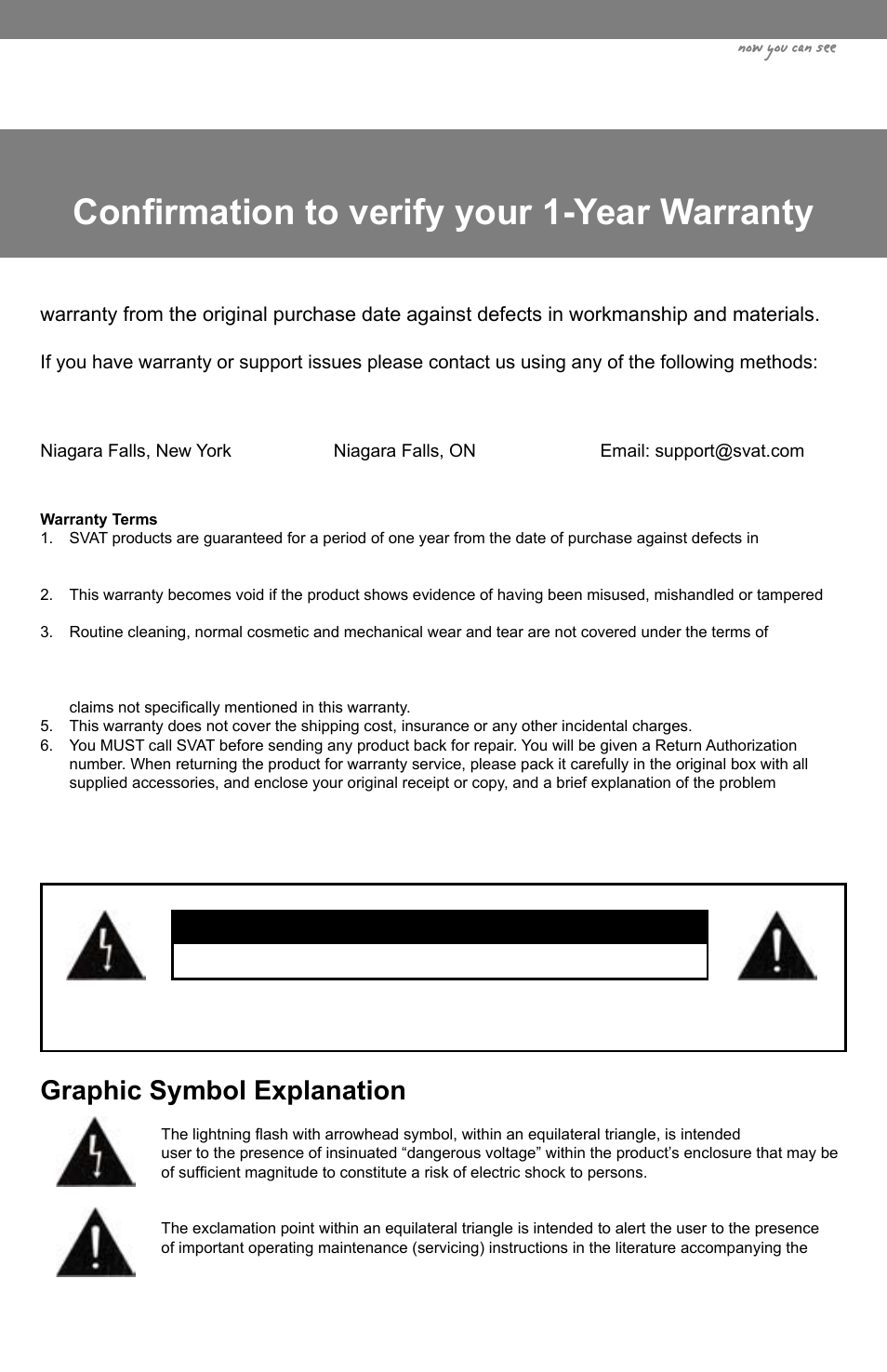 Product warranty & registration, Graphic symbol explanation, Now you can see | Caution risk of electric shock, do not open | SVAT Electronics CLEARVU3 User Manual | Page 3 / 61