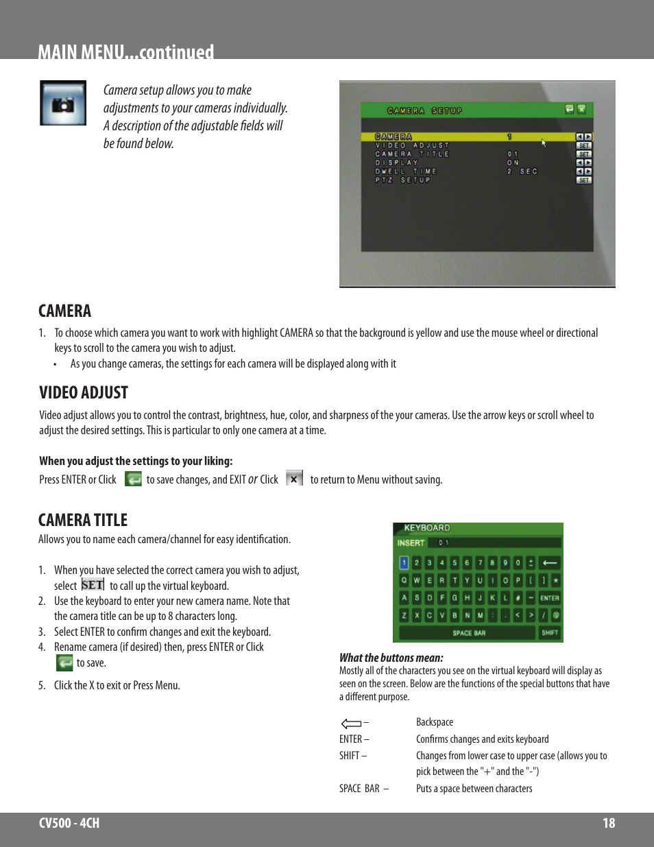 Main menu...continued, Camera, Video adjust | Camera title | SVAT Electronics 2CV500 - 4CH User Manual | Page 18 / 74