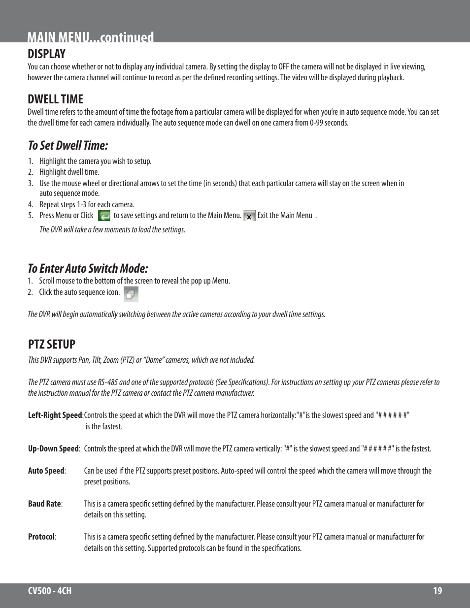 Main menu...continued, Display, Dwell time | Ptz setup | SVAT Electronics 2CV500 - 4CH User Manual | Page 19 / 74