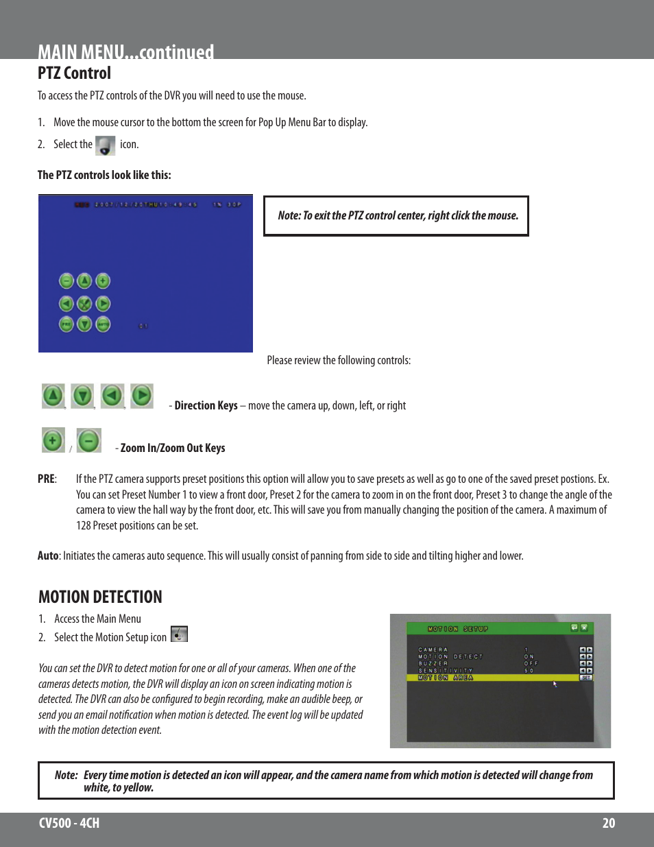 Main menu...continued, Ptz control, Motion detection | SVAT Electronics 2CV500 - 4CH User Manual | Page 20 / 74