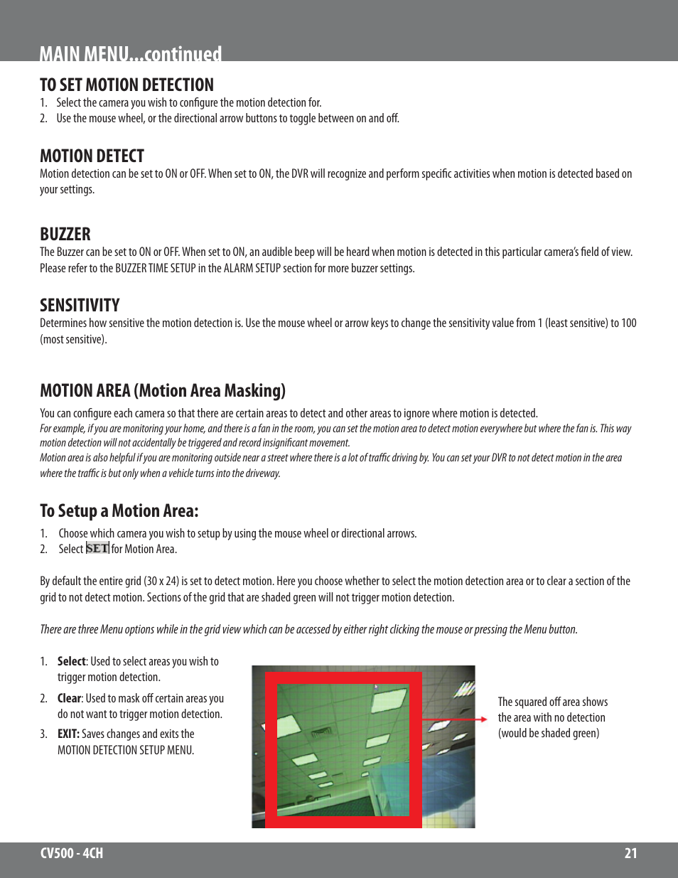 Main menu...continued, Motion detect, Buzzer | Sensitivity, Motion area (motion area masking) | SVAT Electronics 2CV500 - 4CH User Manual | Page 21 / 74