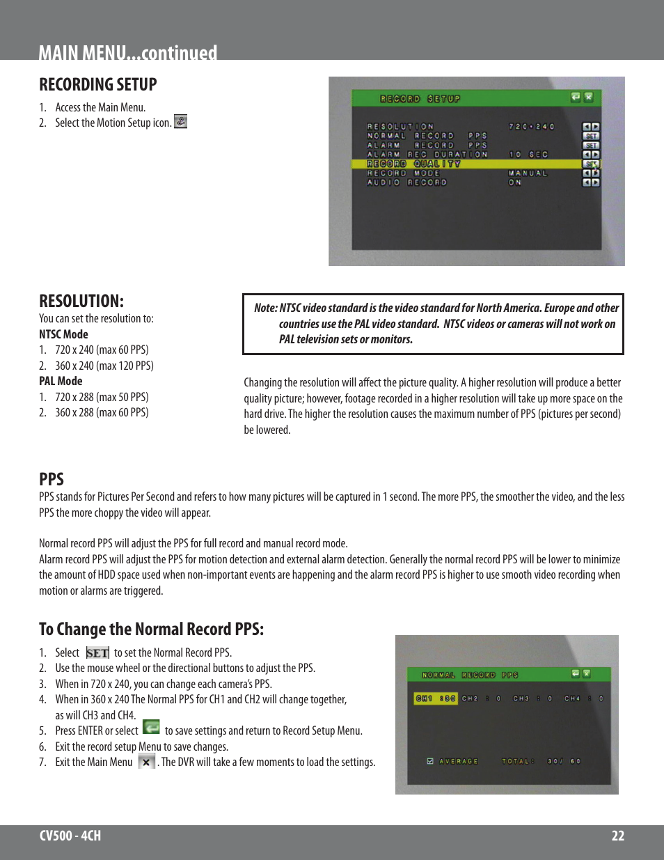 Main menu...continued, Recording setup, Resolution | SVAT Electronics 2CV500 - 4CH User Manual | Page 22 / 74