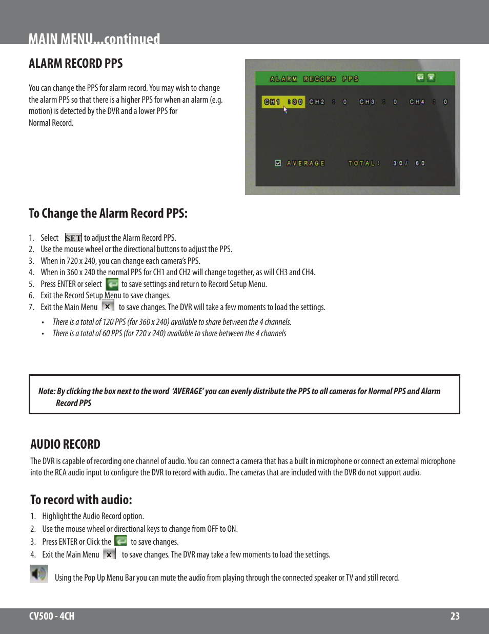 Main menu...continued, Alarm record pps, Audio record | SVAT Electronics 2CV500 - 4CH User Manual | Page 23 / 74