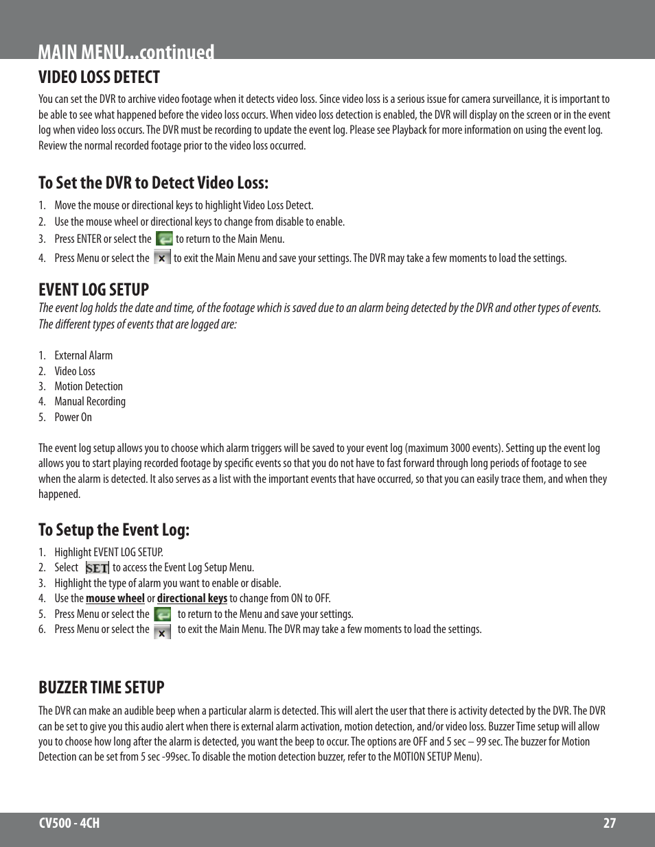 Main menu...continued, Video loss detect, Buzzer time setup | Event log setup | SVAT Electronics 2CV500 - 4CH User Manual | Page 27 / 74