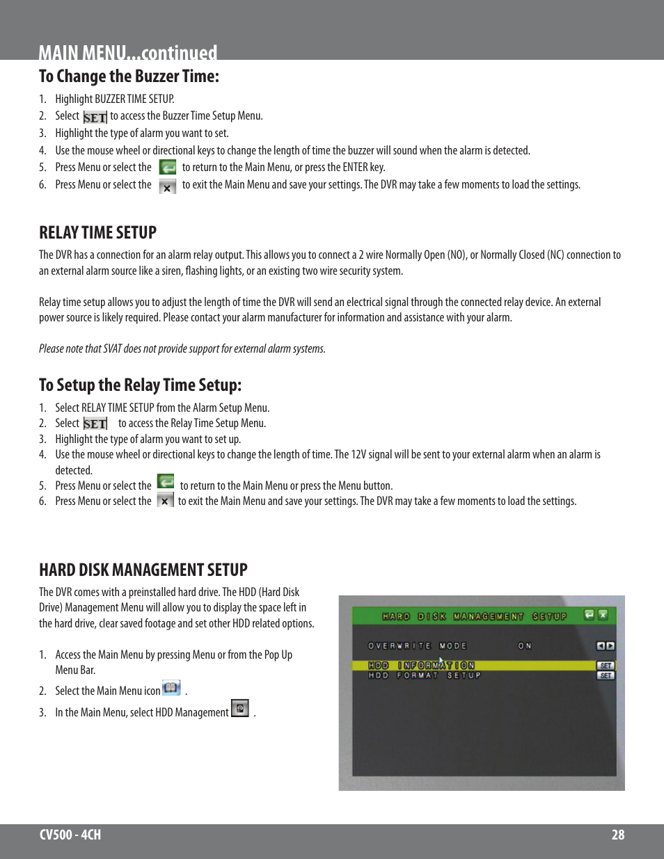 Main menu...continued, Relay time setup, Hard disk management setup | SVAT Electronics 2CV500 - 4CH User Manual | Page 28 / 74