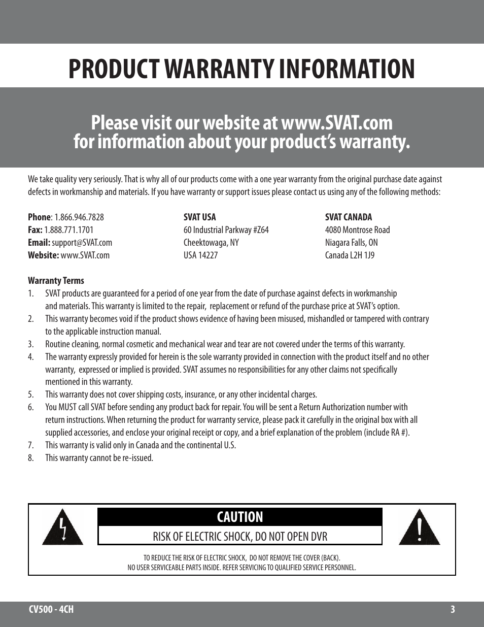 Product warranty information, Caution | SVAT Electronics 2CV500 - 4CH User Manual | Page 3 / 74