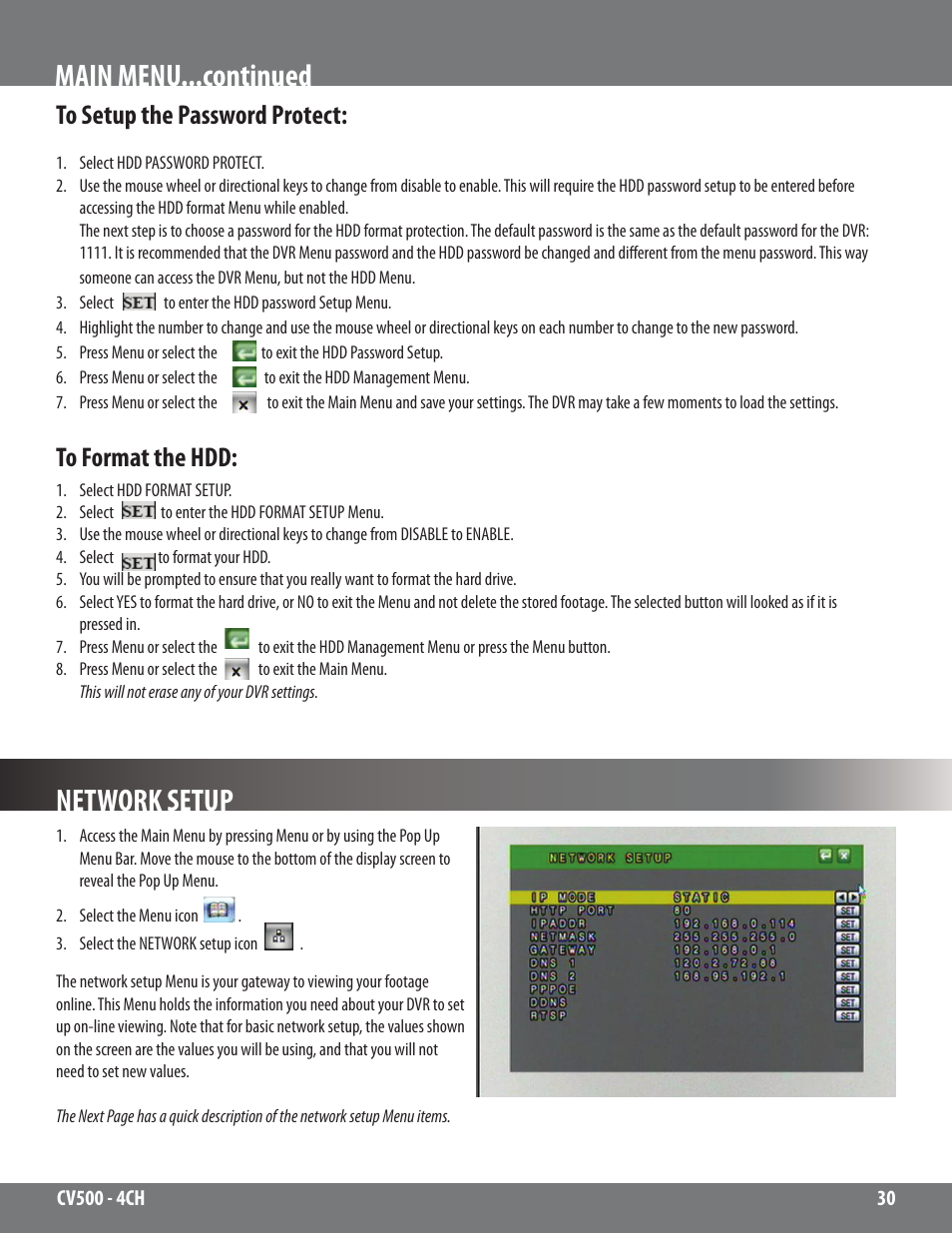 Main menu...continued network setup | SVAT Electronics 2CV500 - 4CH User Manual | Page 30 / 74