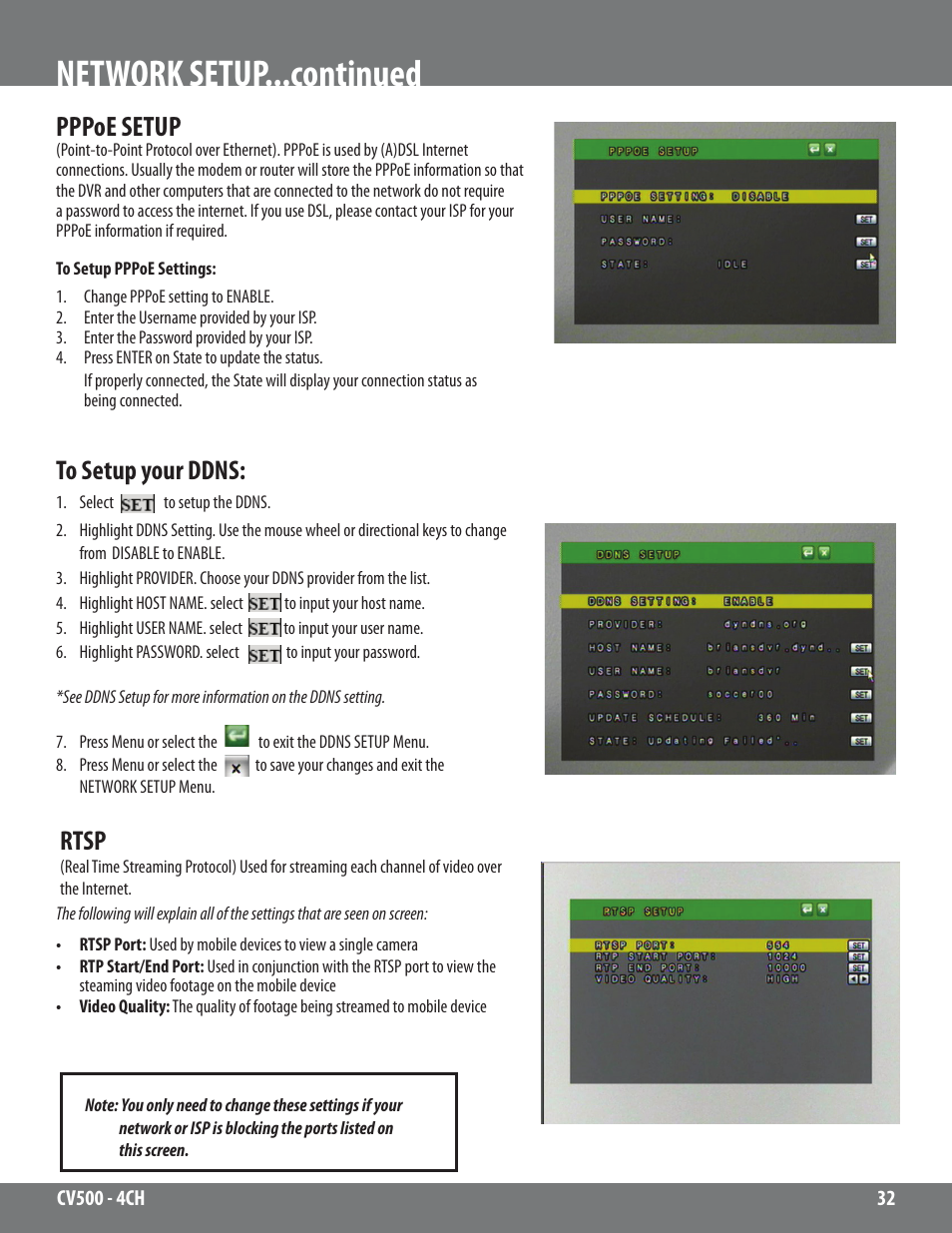 Network setup...continued, Pppoe setup, Rtsp | SVAT Electronics 2CV500 - 4CH User Manual | Page 32 / 74