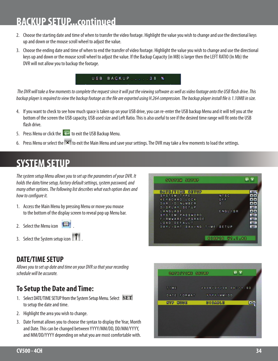 Backup setup...continued, System setup, Date/time setup | SVAT Electronics 2CV500 - 4CH User Manual | Page 34 / 74