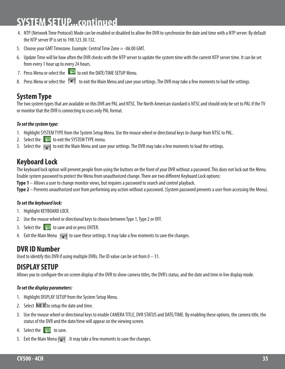 System setup...continued, System type, Keyboard lock | Dvr id number, Display setup | SVAT Electronics 2CV500 - 4CH User Manual | Page 35 / 74