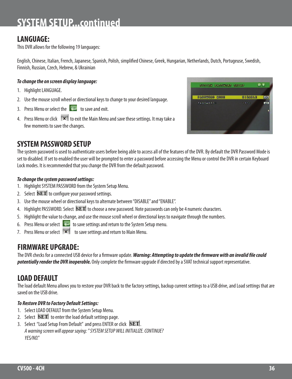 System setup...continued, Language, System password setup | Firmware upgrade, Load default | SVAT Electronics 2CV500 - 4CH User Manual | Page 36 / 74