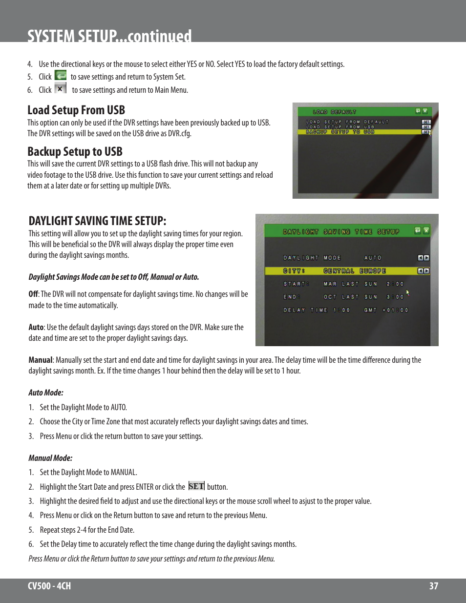 System setup...continued, Load setup from usb, Backup setup to usb | Daylight saving time setup | SVAT Electronics 2CV500 - 4CH User Manual | Page 37 / 74