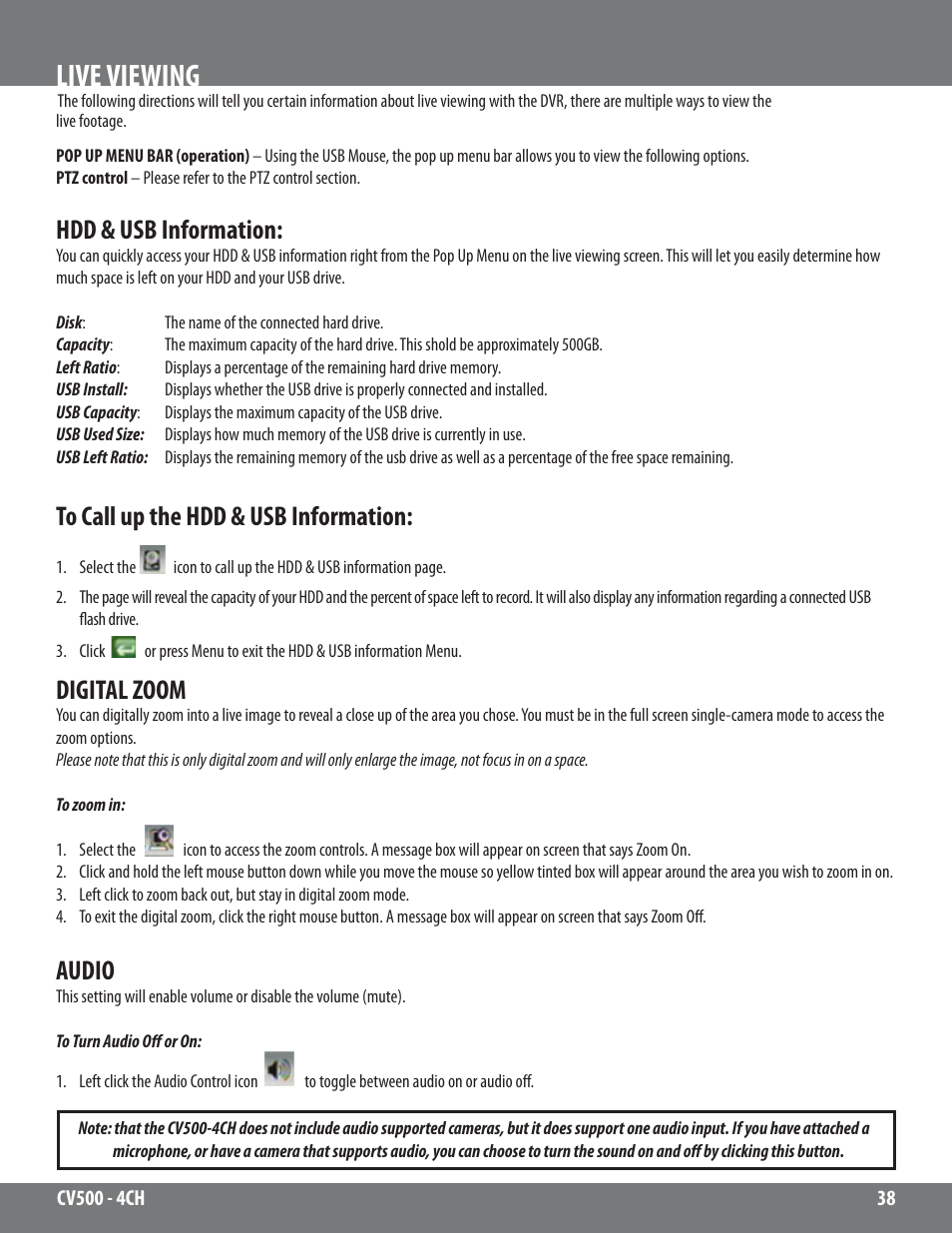 Live viewing, Hdd & usb information, Digital zoom | Audio | SVAT Electronics 2CV500 - 4CH User Manual | Page 38 / 74