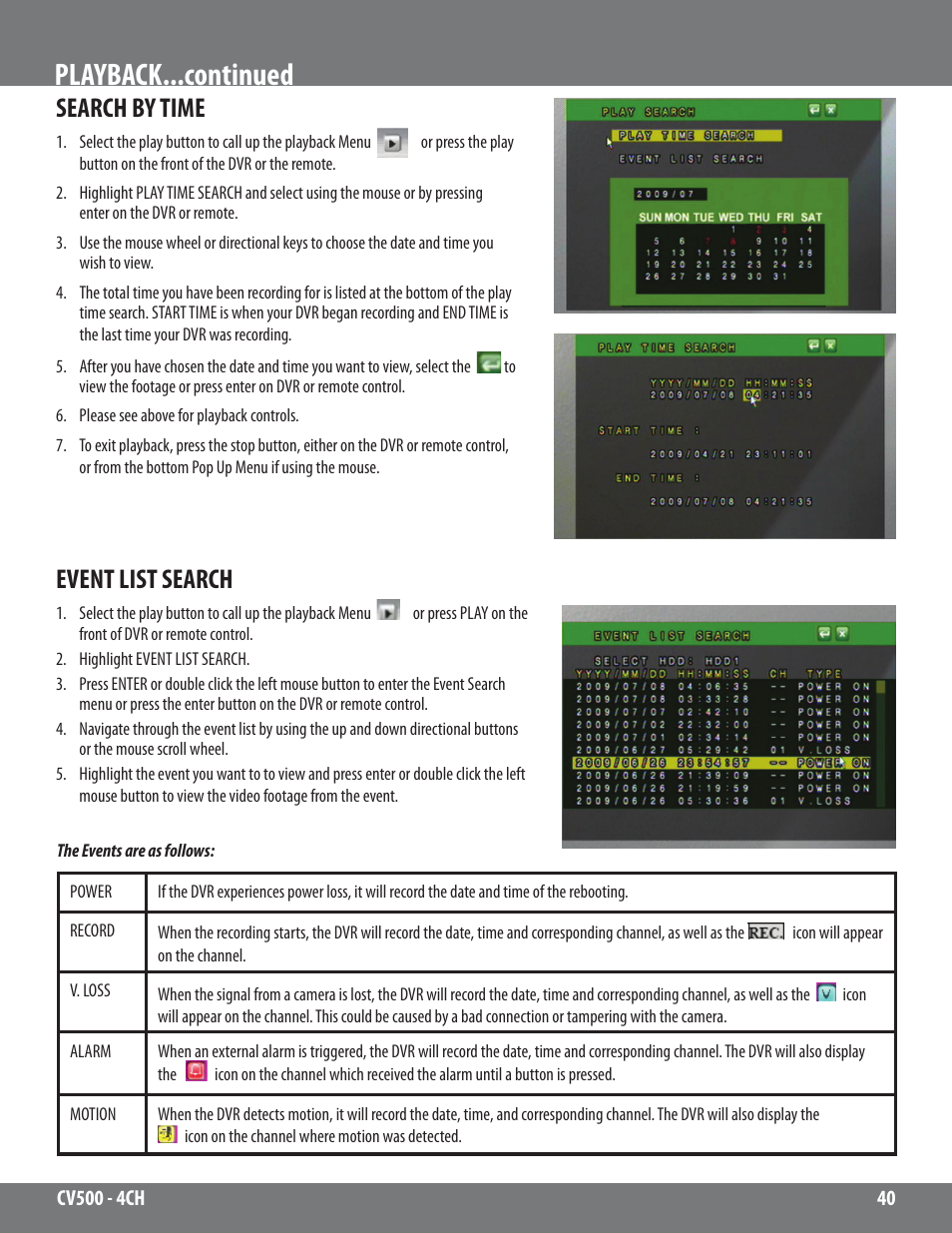 Playback...continued, Search by time, Event list search | SVAT Electronics 2CV500 - 4CH User Manual | Page 40 / 74