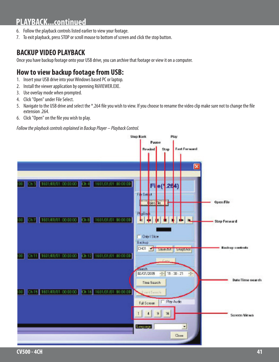 Playback...continued, Backup video playback, How to view backup footage from usb | SVAT Electronics 2CV500 - 4CH User Manual | Page 41 / 74