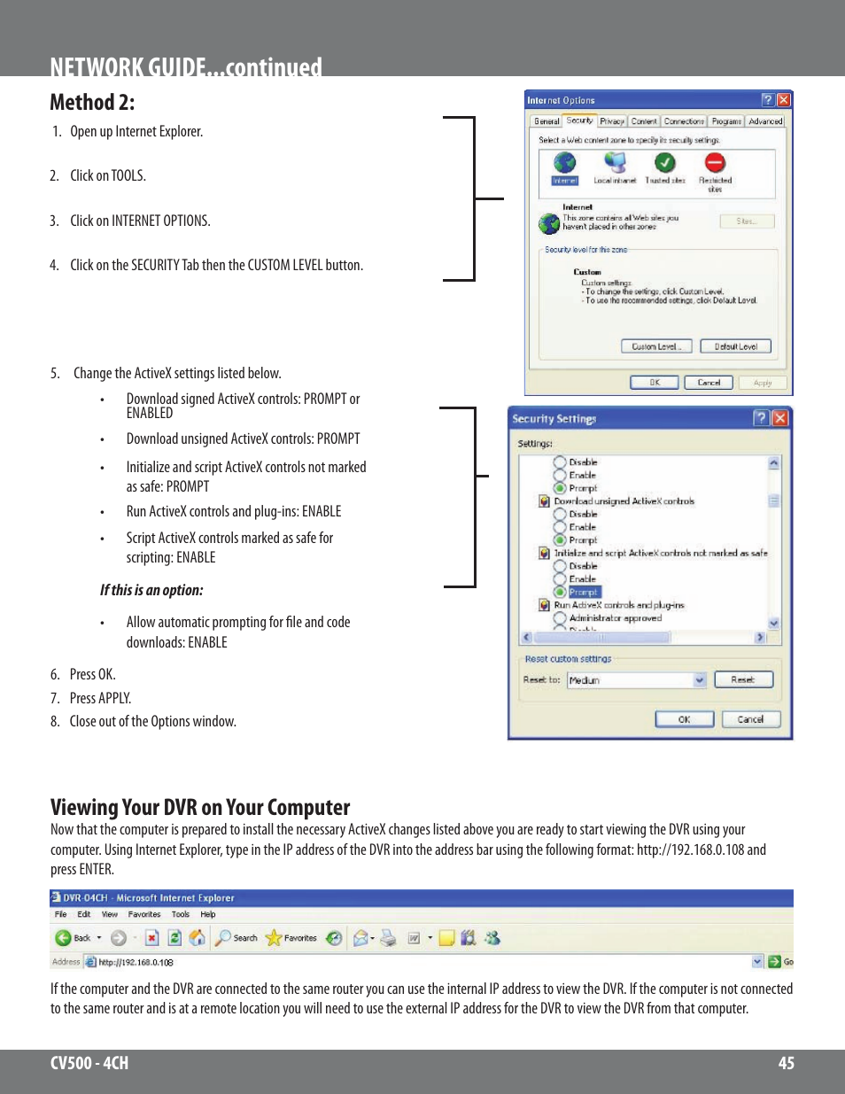 Network guide...continued, Method 2, Viewing your dvr on your computer | SVAT Electronics 2CV500 - 4CH User Manual | Page 45 / 74