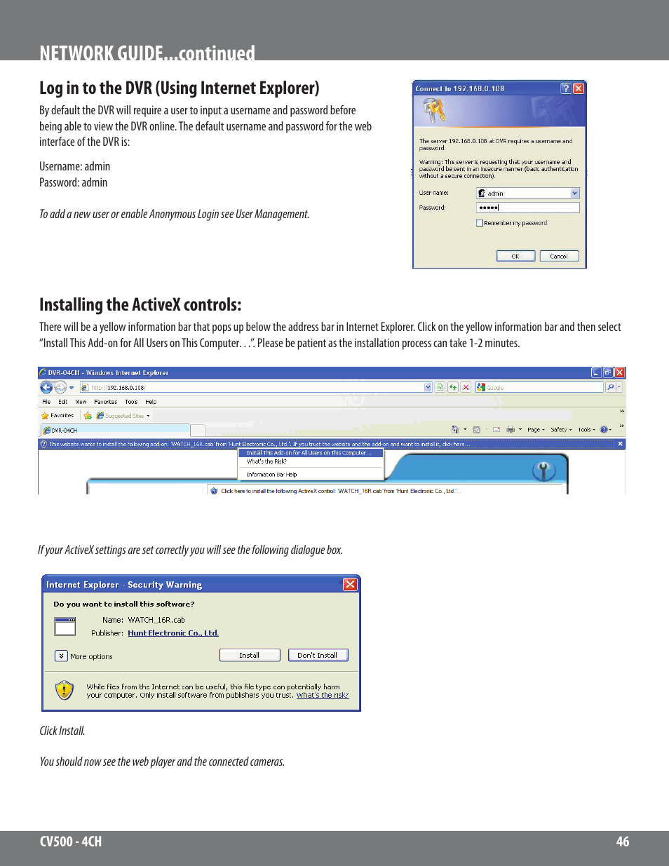 Network guide...continued, Log in to the dvr (using internet explorer), Installing the activex controls | SVAT Electronics 2CV500 - 4CH User Manual | Page 46 / 74