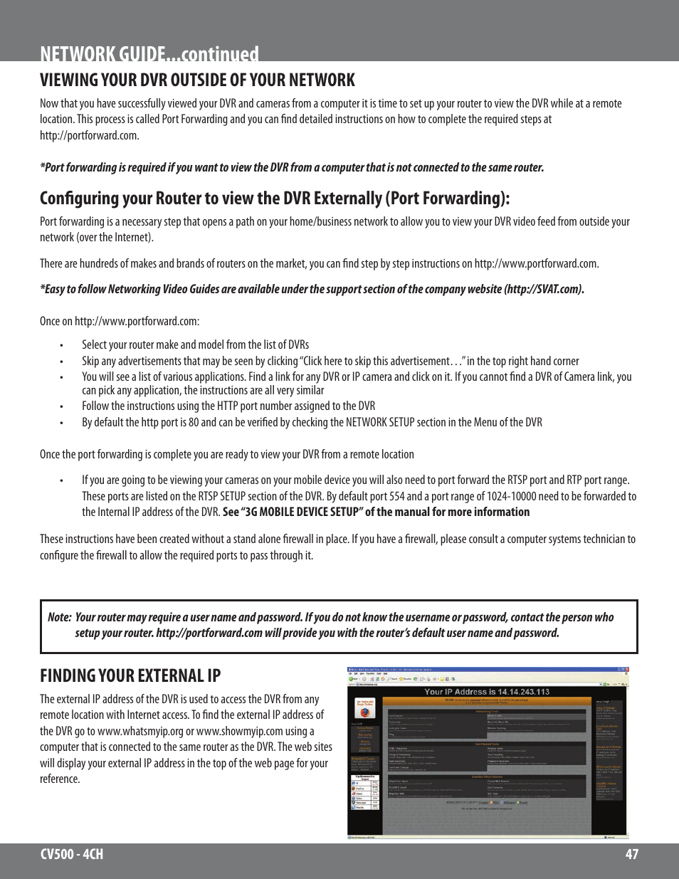 Network guide...continued, Viewing your dvr outside of your network, Finding your external ip | SVAT Electronics 2CV500 - 4CH User Manual | Page 47 / 74