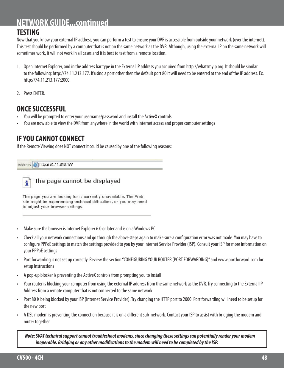 Network guide...continued, Testing, Once successful | If you cannot connect | SVAT Electronics 2CV500 - 4CH User Manual | Page 48 / 74