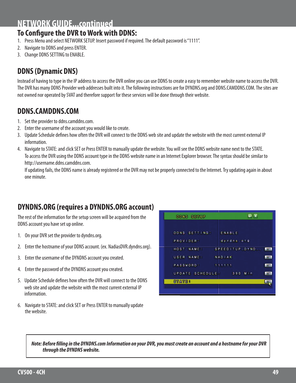 Network guide...continued, Ddns (dynamic dns) | SVAT Electronics 2CV500 - 4CH User Manual | Page 49 / 74