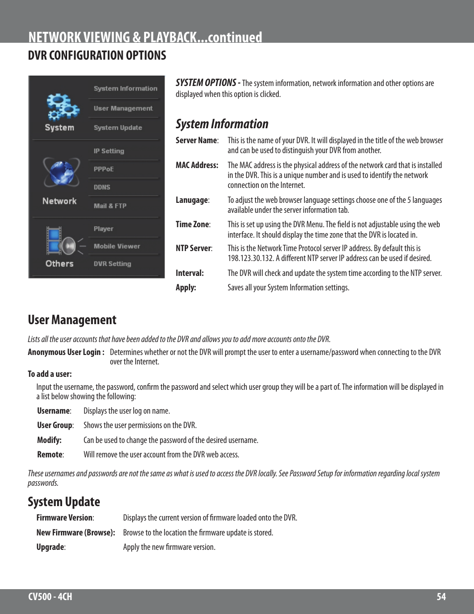 Network viewing & playback...continued, System information, User management | System update, Dvr configuration options | SVAT Electronics 2CV500 - 4CH User Manual | Page 54 / 74