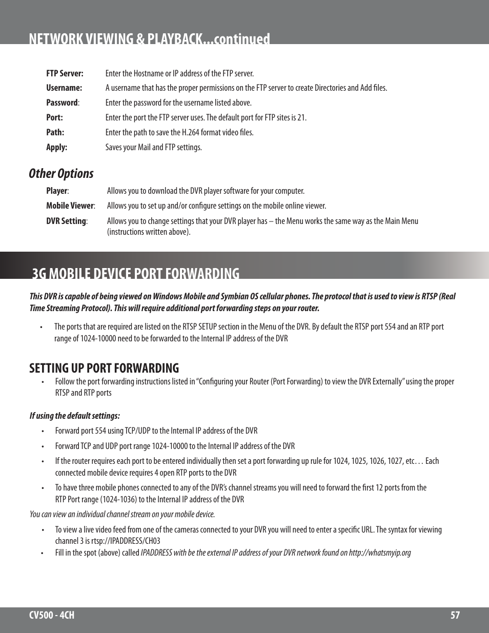 Network viewing & playback...continued, 3g mobile device port forwarding, Other options | Setting up port forwarding | SVAT Electronics 2CV500 - 4CH User Manual | Page 57 / 74