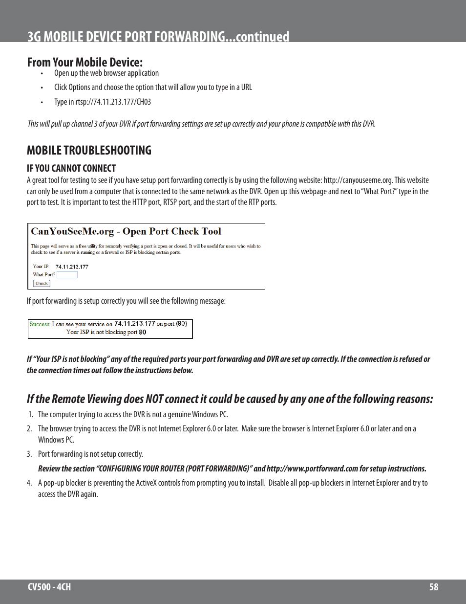 3g mobile device port forwarding...continued, Mobile troubleshooting | SVAT Electronics 2CV500 - 4CH User Manual | Page 58 / 74