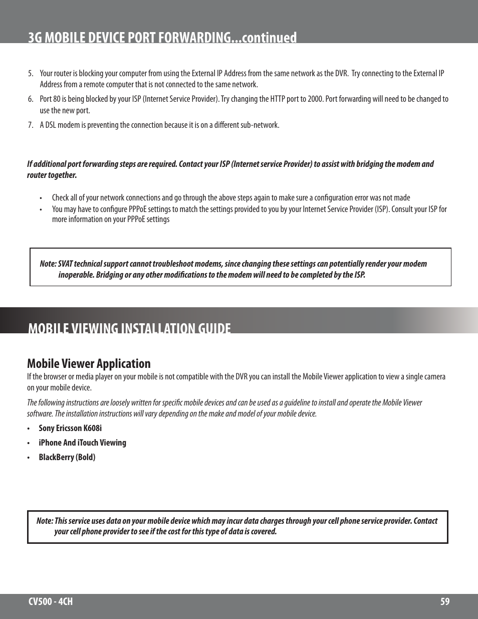 3g mobile device port forwarding...continued, Mobile viewing installation guide, Mobile viewer application | SVAT Electronics 2CV500 - 4CH User Manual | Page 59 / 74