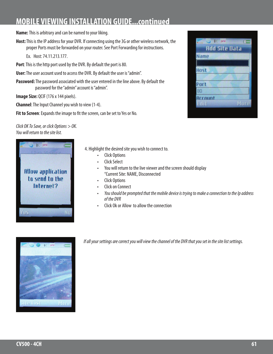 Mobile viewing installation guide...continued | SVAT Electronics 2CV500 - 4CH User Manual | Page 61 / 74