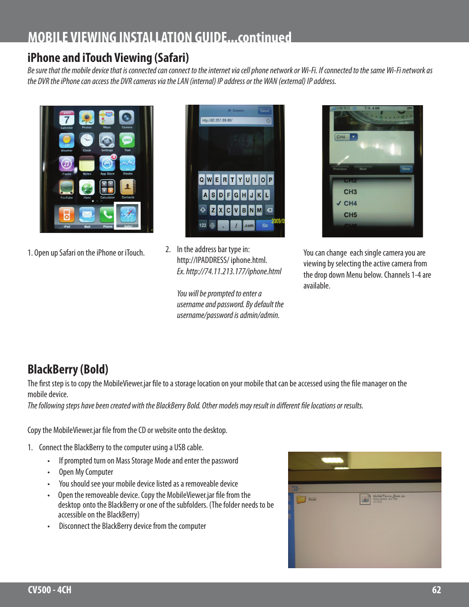 Mobile viewing installation guide...continued, Iphone and itouch viewing (safari), Blackberry (bold) | SVAT Electronics 2CV500 - 4CH User Manual | Page 62 / 74