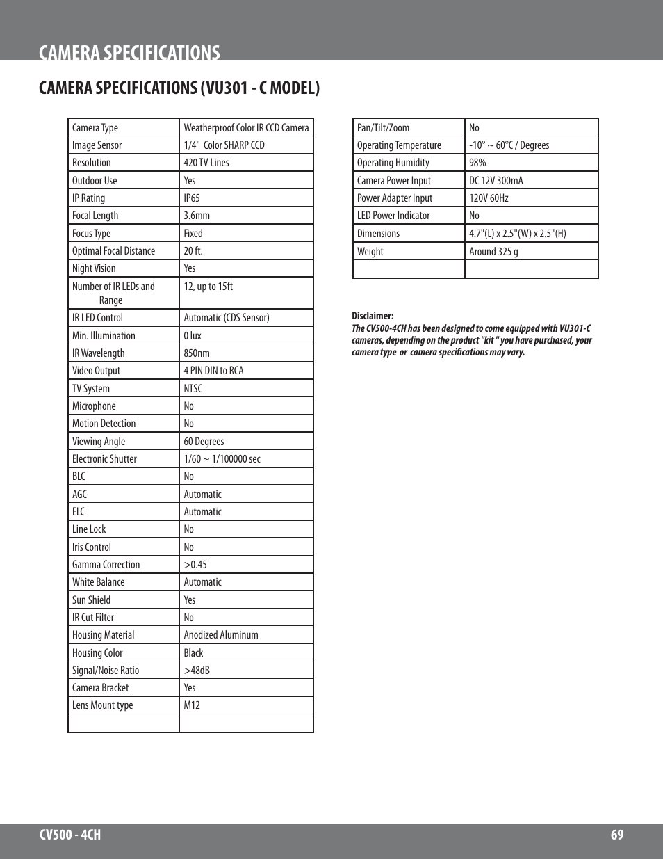 Camera specifications, Camera specifications (vu301 - c model) | SVAT Electronics 2CV500 - 4CH User Manual | Page 69 / 74