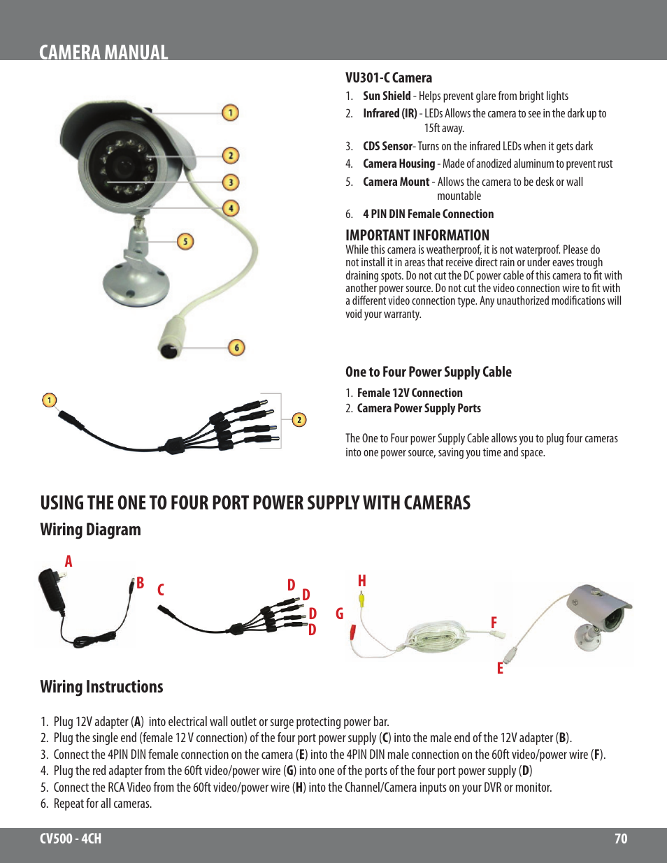 Camera manual, Wiring diagram wiring instructions | SVAT Electronics 2CV500 - 4CH User Manual | Page 70 / 74