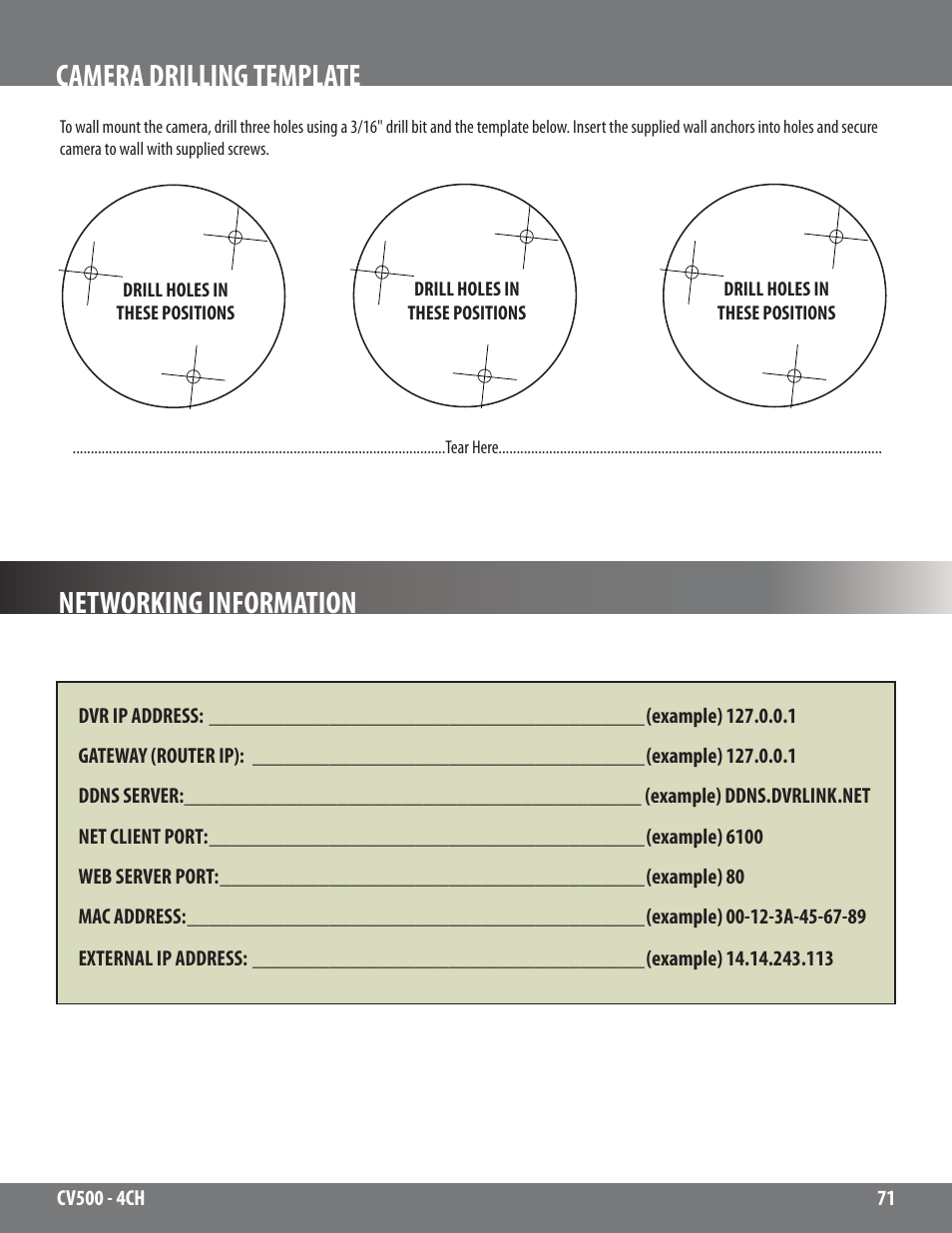 Camera drilling template, Networking information | SVAT Electronics 2CV500 - 4CH User Manual | Page 71 / 74