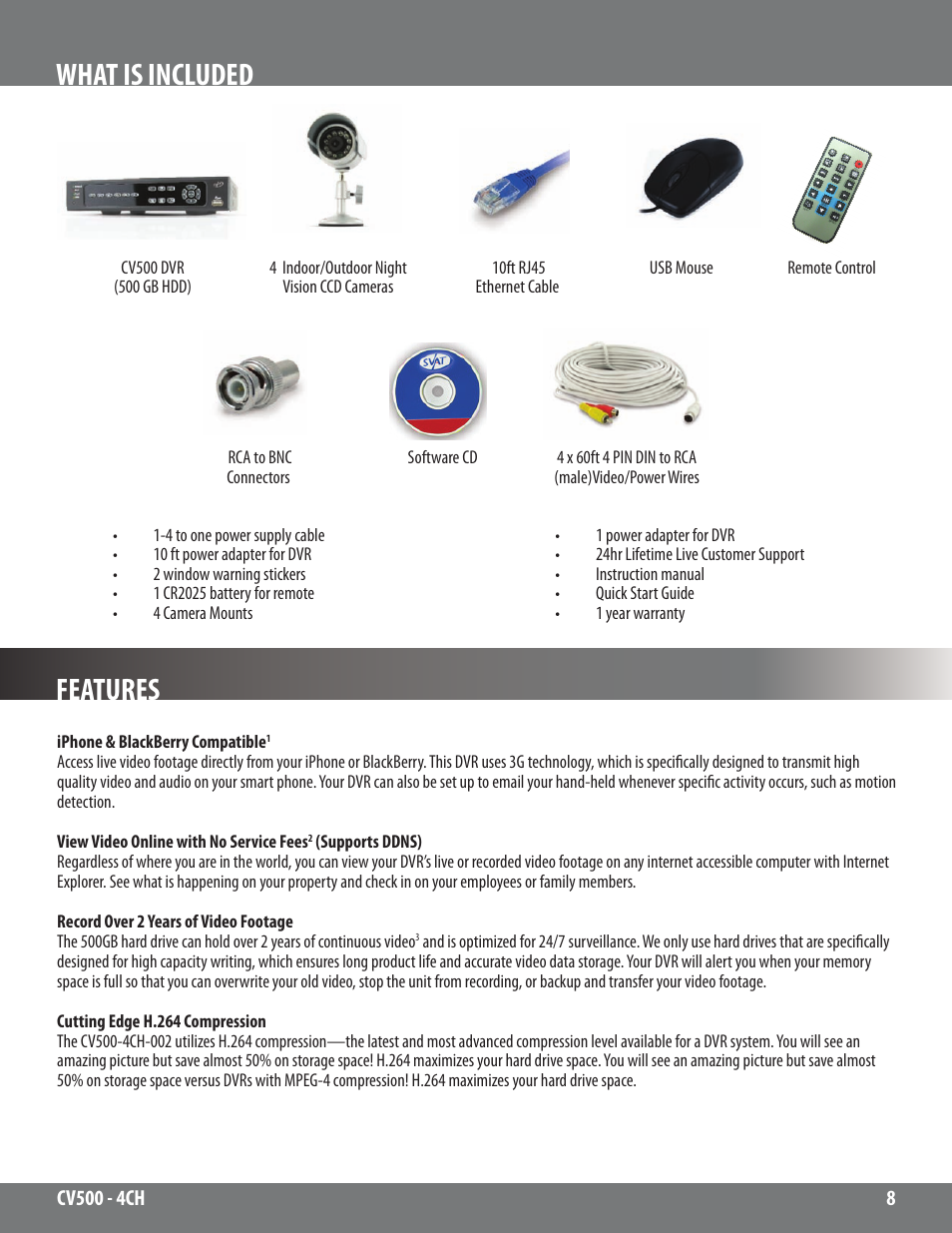 Features, What is included | SVAT Electronics 2CV500 - 4CH User Manual | Page 8 / 74