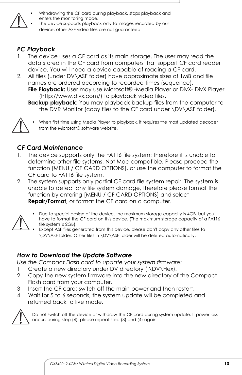 Pc playback, Cf card maintenance, How to download the update software | SVAT Electronics GX5400 User Manual | Page 11 / 20