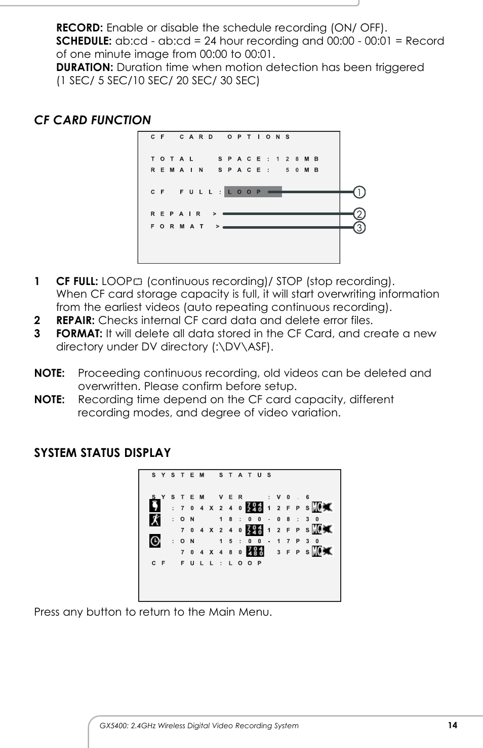 Cf card function, System status display | SVAT Electronics GX5400 User Manual | Page 15 / 20