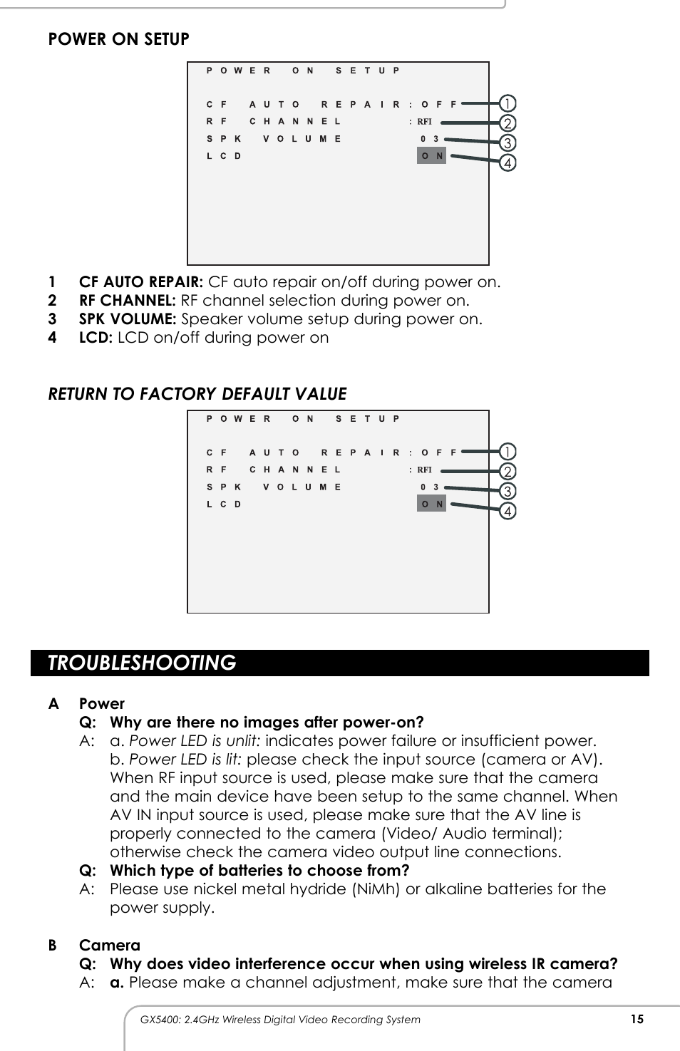 Troubleshooting, Power on setup, Return to factory default value | SVAT Electronics GX5400 User Manual | Page 16 / 20