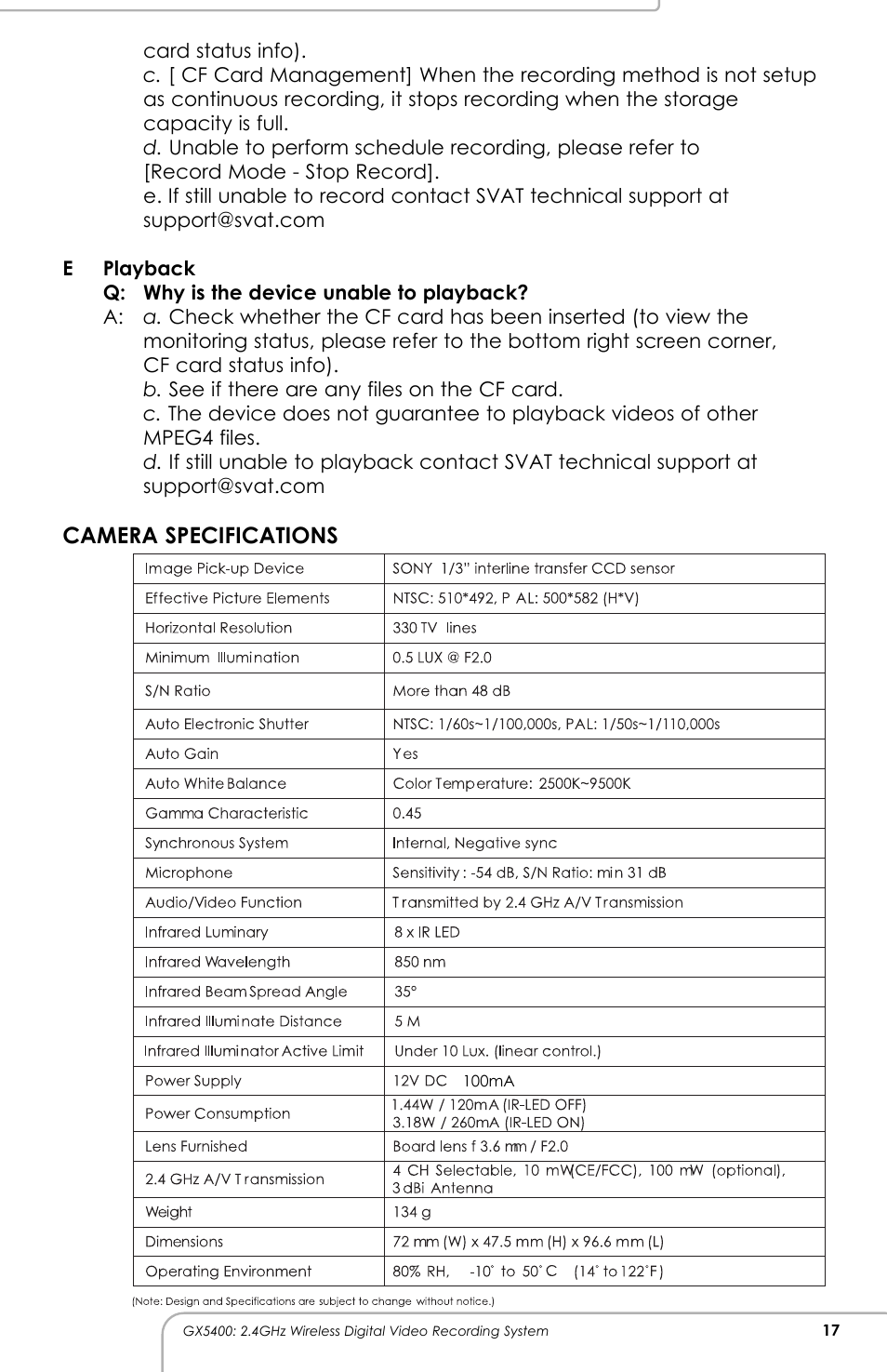 Camera specifications | SVAT Electronics GX5400 User Manual | Page 18 / 20