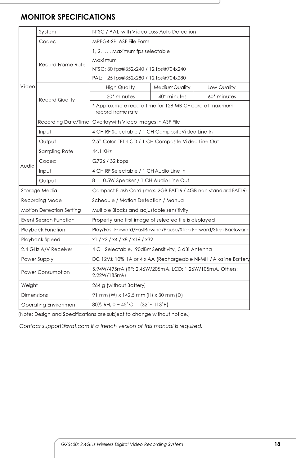 Monitor specifications | SVAT Electronics GX5400 User Manual | Page 19 / 20