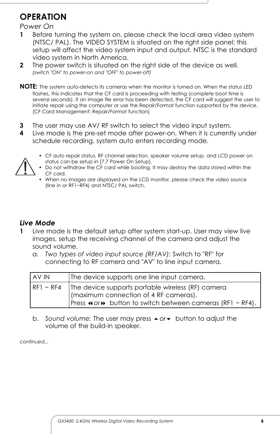 Operation, Power on, Live mode | SVAT Electronics GX5400 User Manual | Page 7 / 20