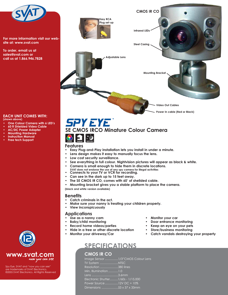 Se cmos irco minature colour camera, Cmos ir co, Features | Benefits, Applications | SVAT Electronics SVAT User Manual | Page 2 / 2