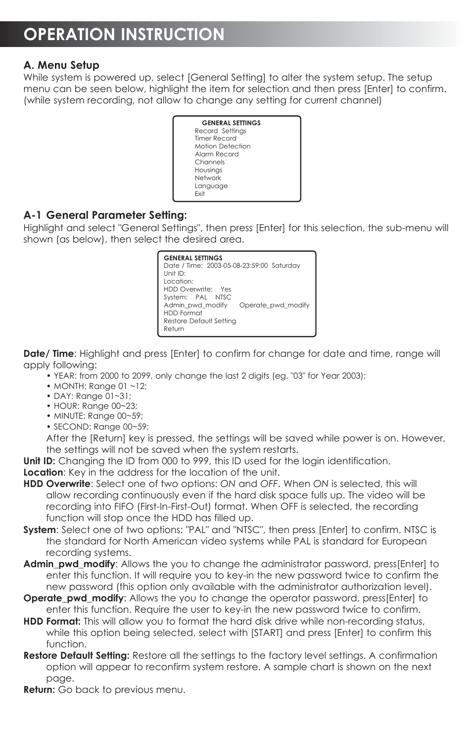 Operation instruction, A. menu setup, A-1 general parameter setting | SVAT Electronics CVDVR900 User Manual | Page 10 / 24
