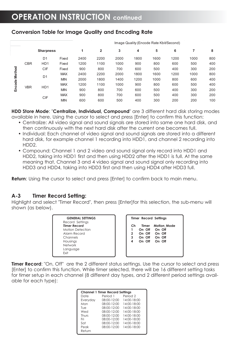 Operation instruction, Continued, A-3 timer record setting | SVAT Electronics CVDVR900 User Manual | Page 12 / 24